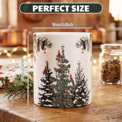 Christmas Utensil Holder with Cardinal Birds and Pine Tree Design - Rustic Ceramic Kitchen Organizer - Variation of Christmas Tree