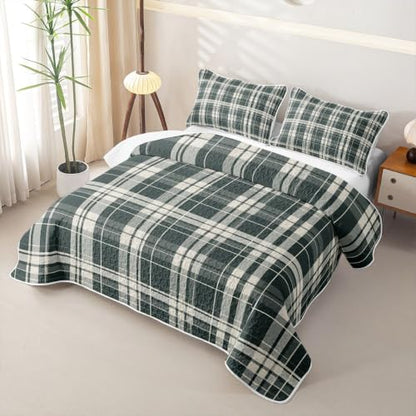 Gray White Tartan Plaid Quilt Set Twin Size Bedspread with Pillow Sham