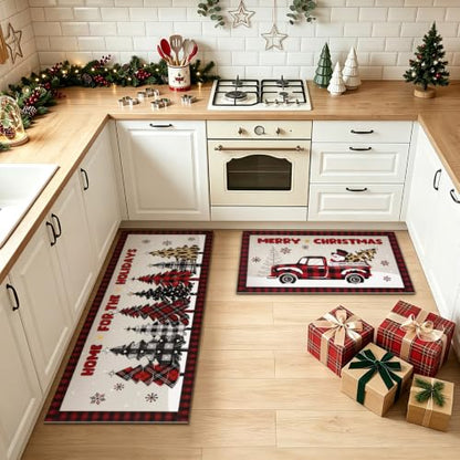 Christmas Truck and Tree Kitchen Mat Set - Red Truck Variation
