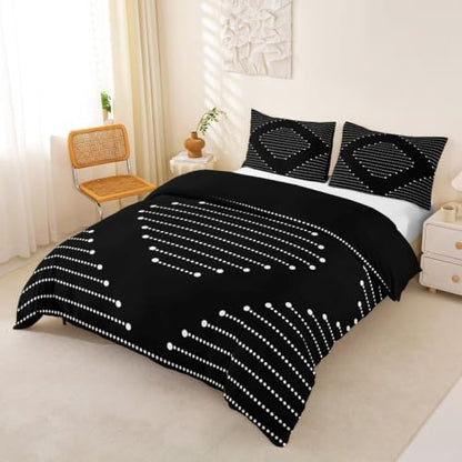 Black King Size Duvet Cover Set with Zipper Closure, Textured Stripe Pattern
