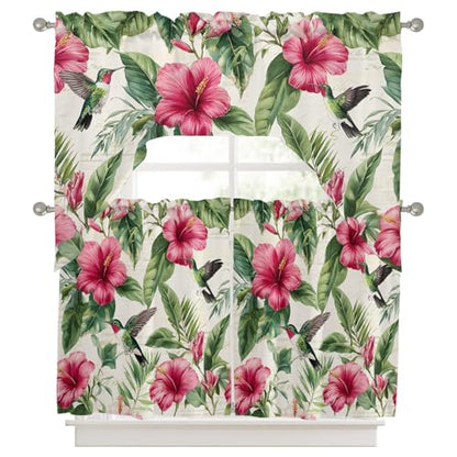 Red Flower Swag Kitchen Curtains Set - 3 Piece Summer Valance & Tier, 56 x 36 Inches, Variation of 27.5W x 24L