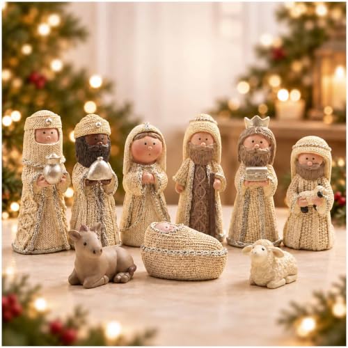 9 Piece Nativity Set with Knit-Look Resin Figures - Christmas Scene Decor
