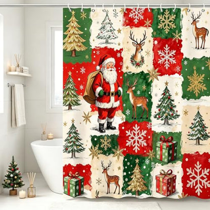 Christmas Shower Curtain with Santa Reindeer Snowflakes Holiday Trees Waterproof Fabric Red & Green 72x72 Inch Set