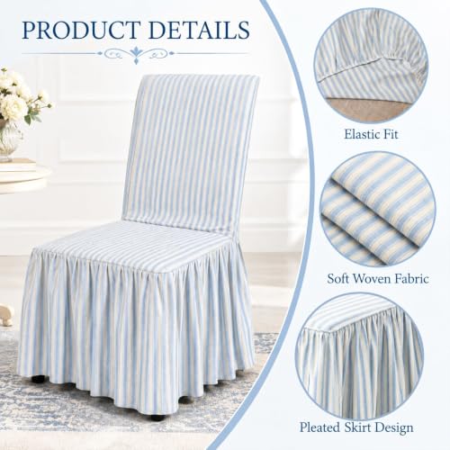 Set of 4 Blue Stripe Ruffled Dining Chair Covers - Cottage Style