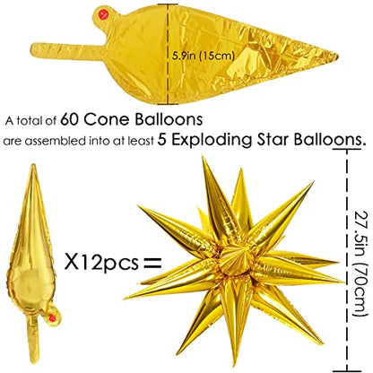Gold Star Balloon Explosion Kit - 60 Pcs Foil Cones & 5 Star Burst Balloons (Variation: Gold)