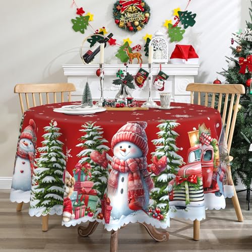 Christmas Round Tablecloth 70 Inches - Snowman Xmas Table Decor, Red Variation