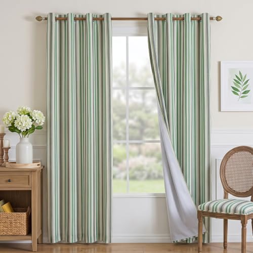 Blackout Linen Curtains 52W x 84L Green Striped 2 Panels - Thermal Insulated