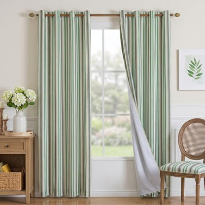 Blackout Linen Curtains 52W x 84L Green Striped 2 Panels - Thermal Insulated