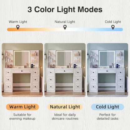 YESHOMY Pure White Makeup Vanity Desk with LED Mirror, UL Charging Hub & 7-Drawer Storage