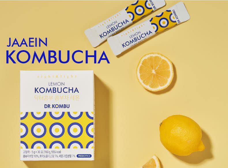 KOMBUCHA DRINK Lemon Kombucha Tea, 30 sticks x 5 grams, Zero Sugar, Health Ade, Sparkling Fermented Tea Powdered Mix, Live Probiotics & Prebiotics, Healthy Drinks, Product of Korea