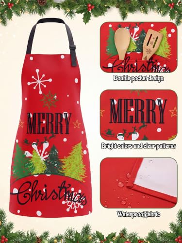 Christmas Aprons Set - Snowy Red with Pockets, 6 Pack