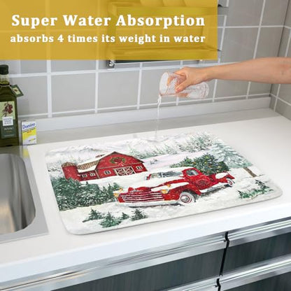 Christmas Red Truck Dish Drying Mat 18x24 Inch Kitchen Accessories