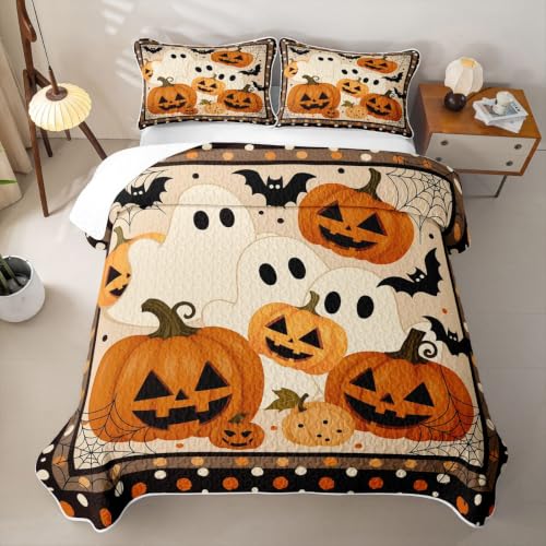 Feelyou Gothic Pumpkin Quilt Set - Orange King Size Halloween Bedding
