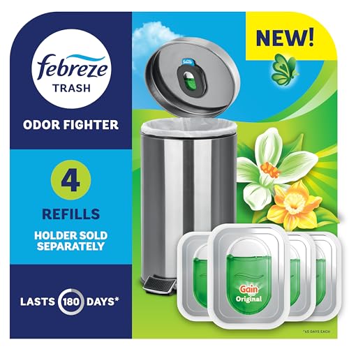 Febreze Trash Odor Fighter Stick-On Deodorizer for Garbage Cans, 4 Refills - Gain Original Scent
