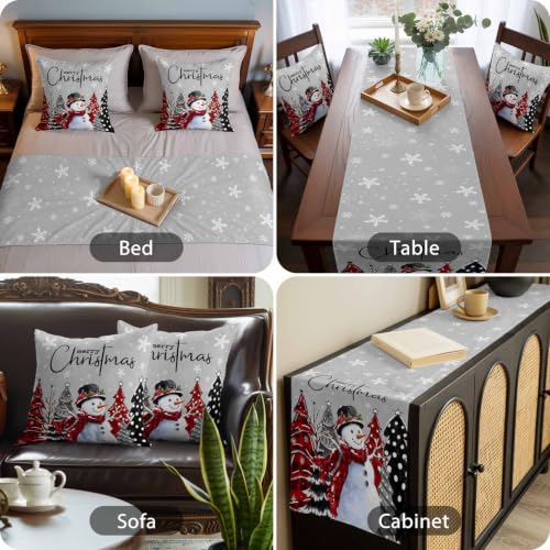 Queen Size Christmas Bed Runner with Pillow Covers - Gray Green Snowman & Pine Tree Pattern, 83x20 Inches - Holiday Decor