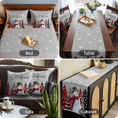 Queen Size Christmas Bed Runner with Pillow Covers - Gray Green Snowman & Pine Tree Pattern, 83x20 Inches - Holiday Decor
