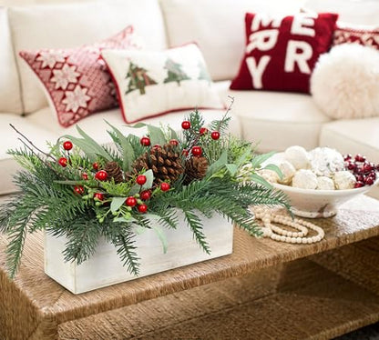 Christmas Centerpieces for Table - Artificial Norfolk Pine with Red Seeds & Eucalyptus in White Wooden Pot - White Variation