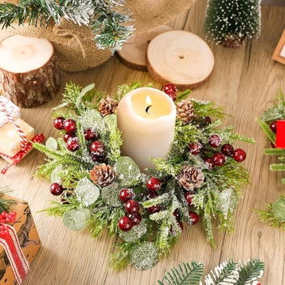 Christmas Candle Ring Set - 12 Mini Red Berry Pine Wreaths for Holiday Decor - Variation of Christmas / 12