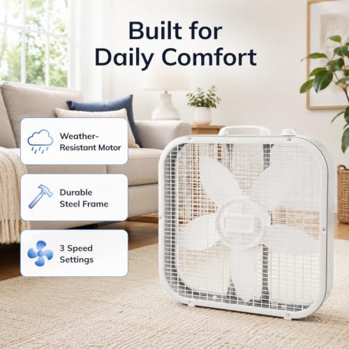 20 Inch Box Fan with 3 Speed Settings, Weather-Resistant Motor for Floor or Window Use