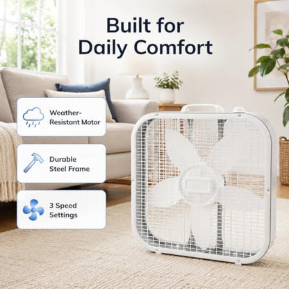20 Inch Box Fan with 3 Speed Settings, Weather-Resistant Motor for Floor or Window Use