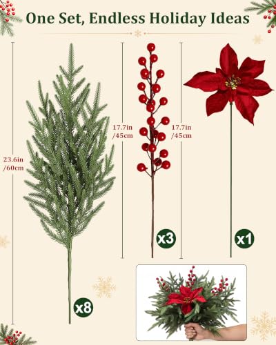 12Pcs Christmas Norfolk Pine Stems with Red Berries & Poinsettia Decorative Branches