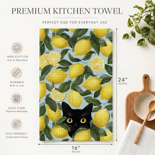 Black Cat Kitchen Towel Set - Decorative Lemon Pattern, 16x24 Inches