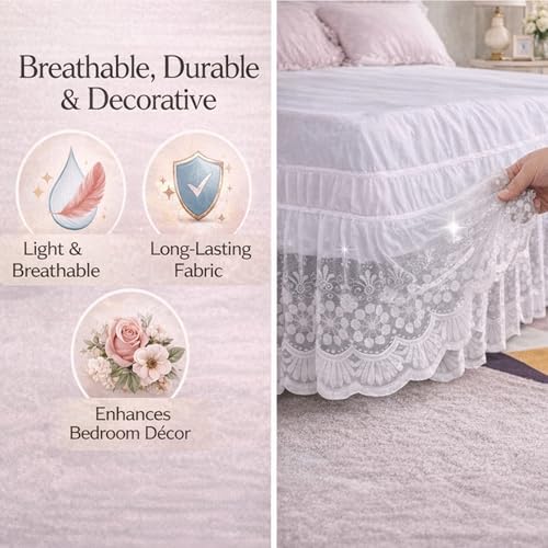 Off-White Lace Bed Skirt with Elastic Edge - 15 Inch Drop Ruffled Dust Ruffle - Princess Style