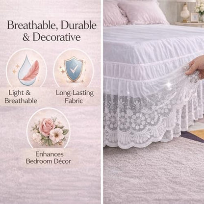 Off-White Lace Bed Skirt with Elastic Edge - 15 Inch Drop Ruffled Dust Ruffle - Princess Style