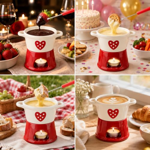 Mini Ceramic Fondue Cup with Fork - Candle Heated Personal Dipping Mug - Style 1