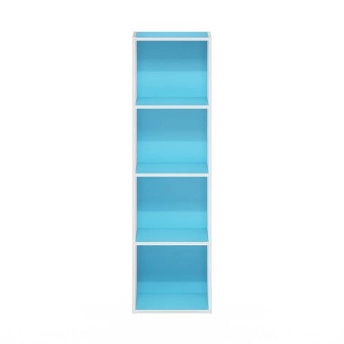 Furinno PASIR Book Shelf, 4-Tier Modern Bookshelf, Open Shelves Bookcase 9 x 12 x 42, Easy Assembly, for Living Room, Bedroom, Home Office, Light Blue/White