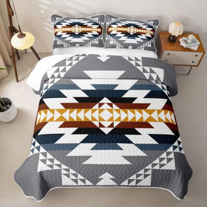 Kids Bedding Quilt Set Queen Size Blue Gray Aztec Bohemian 3 Pieces with Pillowcases - Variation of THIS listing