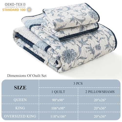 Oversized King Cotton Quilt Set with 2 Pillow Shams, Floral Design, Navy/Light Blue/White