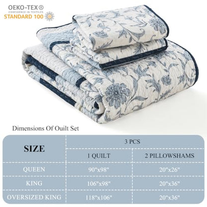 Oversized King Cotton Quilt Set with 2 Pillow Shams, Floral Design, Navy/Light Blue/White