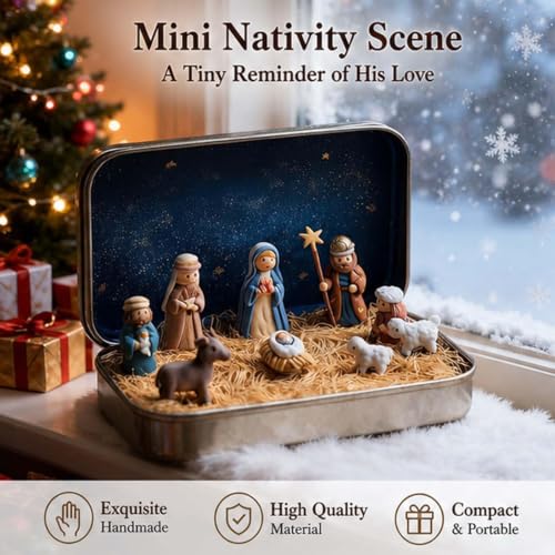 Mini Nativity Scene Set in Tin Box - Religious Christmas Decoration - 1 Piece Variation A