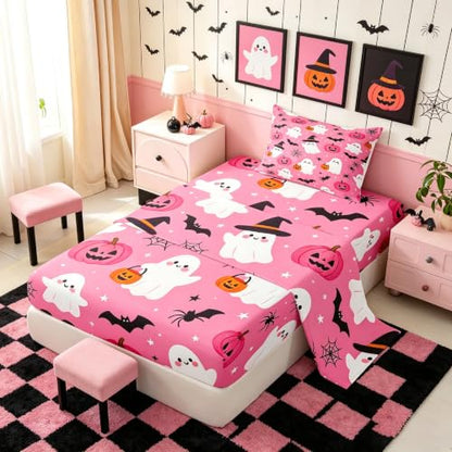 Pink Deep Pocket Twin Bed Sheets Set with Ghost Pumpkin Design, 3 Pieces