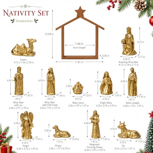 Gold 12-Piece Nativity Scene Set with Stable - Religious Christmas Decoration