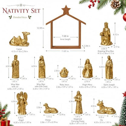 Gold 12-Piece Nativity Scene Set with Stable - Religious Christmas Decoration
