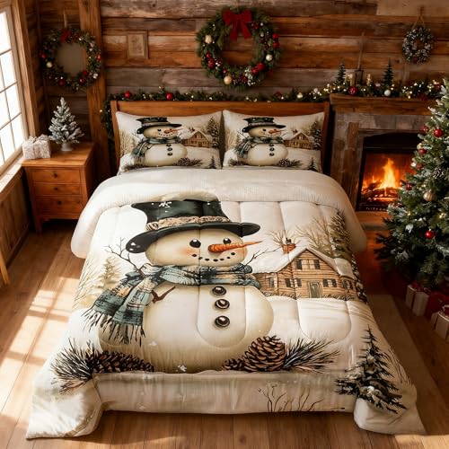 Brown Green Winter Farmhouse Style Comforter Twin with Pillowcase - Snowman Rustic Quilt