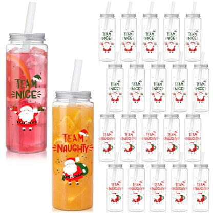 Christmas Mason Jar Tumblers with Lids & Straws - Team Style, 16.9 oz, Reusable Plastic Holiday Cups, Set of 24
