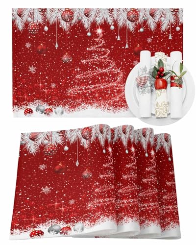 Christmas Cotton Linen Placemats Set of 6 - Red Sparkle Ornaments 13x19 Inches