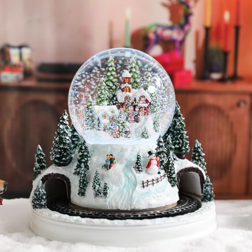 Christmas Snow Globe with Rotating Train and Color Changing Lights - Snow Scene Music Box - Christmas Village Scene - Gift for Kids and Adults