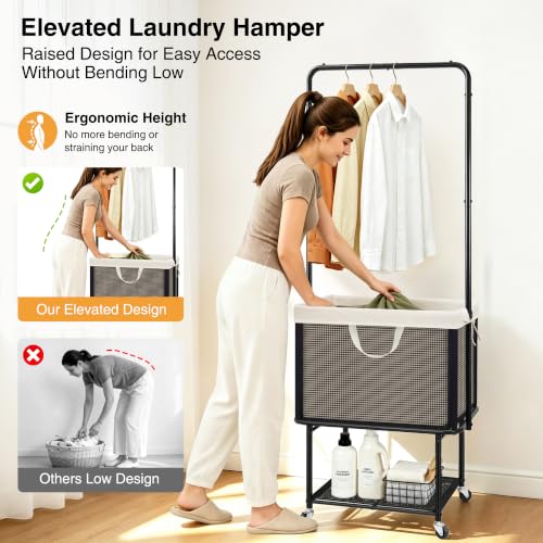 Rolling Laundry Cart with Hanging Bar, 100L Hamper & Storage Shelf
