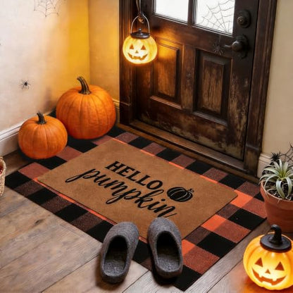 Halloween Door Mat Set with Pumpkin Coir & Orange Black Plaid - Fall Porch Decor