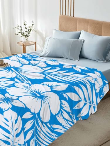 King Flat Sheet Hibiscus Flowers Blue Tropical Monstera Leaves Microfiber Bedding