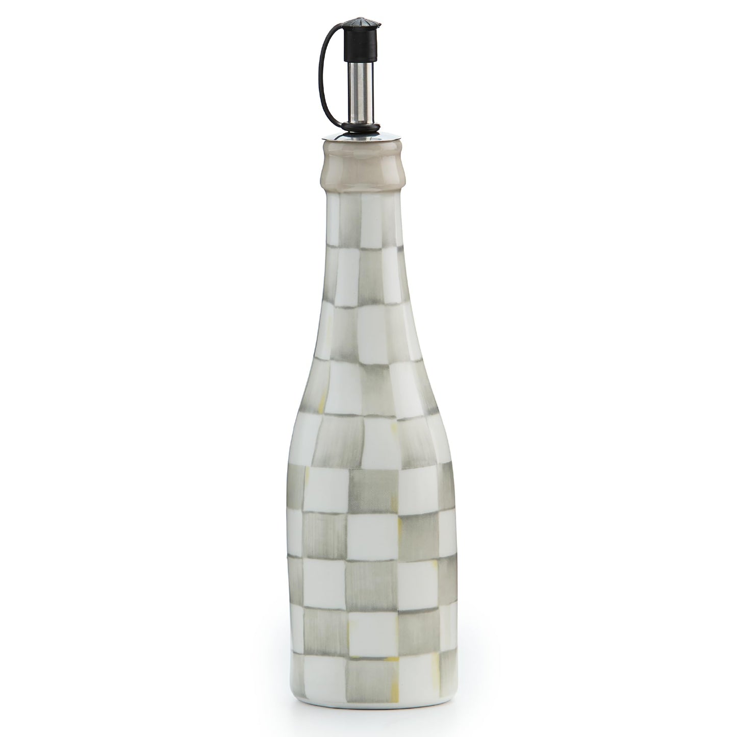 MACKENZIE-CHILDS Farmhouse Oil Cruet, Ceramic Oil-Dispenser Bottle, Gray-and-White Sterling Check
