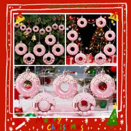 Pink Donut Christmas Ornament Set - 8 Candy Hanging Decorations for Holiday Tree