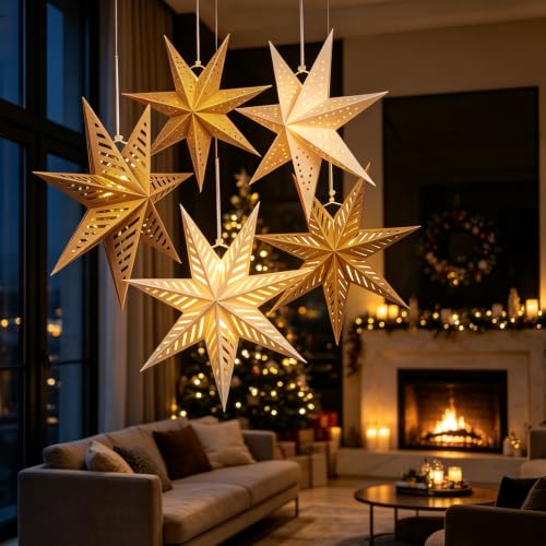 Paper Star Lantern Set of 5 Foldable 3D Hanging Decorations with Light - Brown Mix