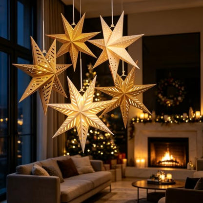 Paper Star Lantern Set of 5 Foldable 3D Hanging Decorations with Light - Brown Mix