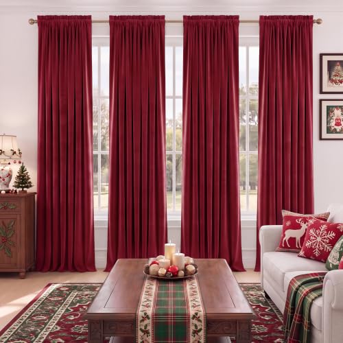 Red Velvet Curtains Set 4 Panels 52x108 Inches - Living Room Window Drapes