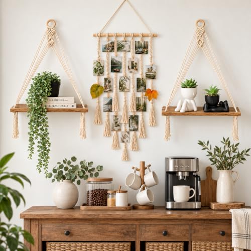 6-Piece Boho Wall Decor Set with Macrame Shelves and Fake Plants